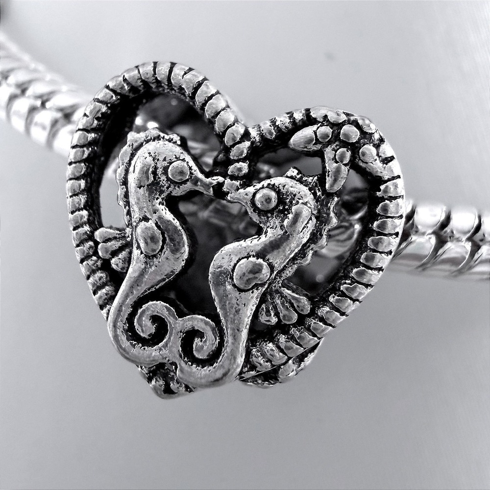 Seahorse Love Heart Silver Bead Charm Fits‎ Snake Chain Bracelet